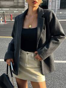 DAZY 女士休闲纯色系带西装外套，秋季商务装 - 灰色 - 查看 7