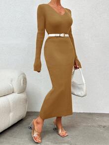 RueChic Solid Rib-knit Split Sleeve Bodycon Jumper Dress - Coffee Brown - View 4