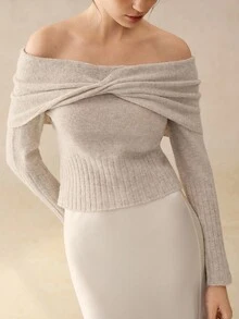 Cévolie Women's Solid Color Twist Knot Off Shoulder Long Sleeve Sweater, Fashionable For Autumn