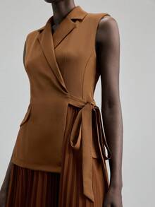 Ontre 2025 Elegant Green Dress, Suit Fabric Patchwork Chiffon, Fitted Waist, Flared Skirt, Chiffon Pleats, Sleeveless Blazer, Business Casual, Office Wear, Daily Outfit, Autumn