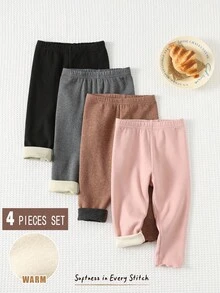 Cozy Pixies 4 قطع من السراويل الضيقة المصنوعة من الأقمشة الناعمة المحبوكة بألوان صلبة مع خصر متباين للأطفال البنات