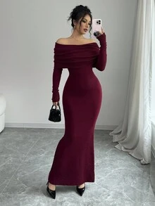 Selianne Váy len dài trễ vai ôm sát viền đuôi cá thời trang, thoải mái với chất liệu len, phù hợp cho mùa xuân, thu và đông - Màu Đỏ Sâu - Xem 2