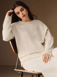 Anewsta Áo kiểu nữ thanh lịch đính sequin họa tiết cánh chim, màu trắng, thích hợp cho tiệc Giáng sinh, đêm giao thừa, cỡ lớn. - Màu be - Xem 1