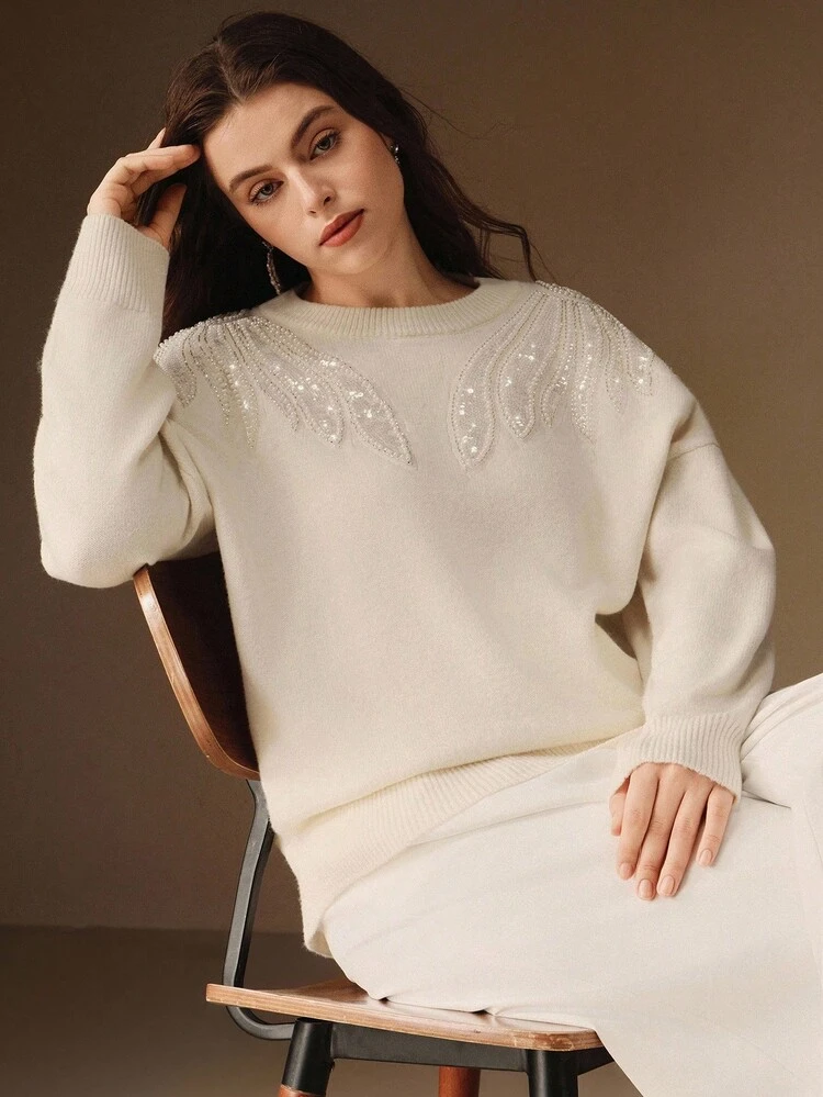 Valentine Women's Elegant Sequin Wing Pattern Embroidered Blouse, White, Suitable For Christmas Party, New Year's Eve, Plus Size