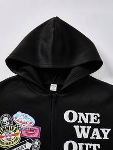 青少年男孩/青少年男孩休闲日常百搭舒适印花图案宽松连帽运动衫 - 黑色 - 查看 5