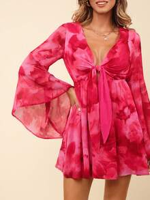 Coeurva 度假编织雪纺花卉印花 V 领喇叭不对称长袖修身女式迷你连衣裙 - 玫紅色 - 查看 4