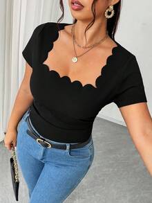 Elenzga 大码时尚休闲黑色方领修身T恤