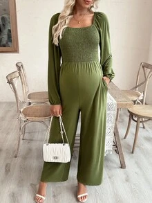 SHEIN 孕妇连体裤，长袖，方领，前后抽绳腰部，口袋，宽松版型 - 軍綠色 - 查看 3