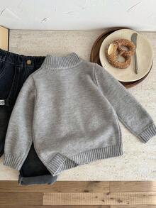 SHEIN 男童保暖内衬棒球风撞色马绣立领拉链开衫毛衣，适合居家、休闲外出穿着，舒适百搭，是秋冬季的理想之选。