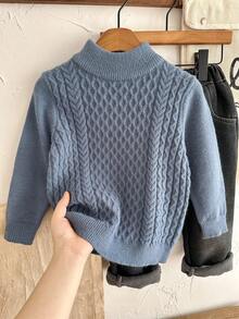 SHEIN 男童高领纹理提花复古麻花针织高领毛衣，百搭学院风，拉绒厚实面料，适合冬季 - 霧霾藍 - 查看 1