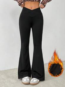 SHEIN PETITE 女士基本款天鹅绒秋冬保暖V型腰喇叭紧身裤，黑色裤子 - 黑色 - 查看 1