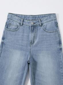 SHEIN 少女复古波西米亚风都市浅色水洗松紧腰直筒牛仔裤，配有扁平口袋 - 中等水洗藍 - 查看 4