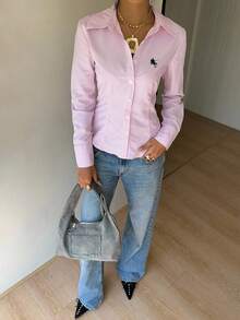 SHEIN EZwear Áo sơ mi dài tay dáng ôm, cài nút phía trước, thắt eo, thích hợp cho mùa thu/đông, thêu logo nhỏ - Nhiều màu - Xem 7