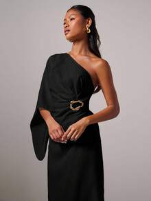 女士优雅金属扣不对称连衣裙 - 黑色 - 查看 6