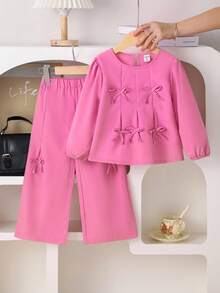SHEIN Playful Pals 2件套少女时尚甜美蝴蝶结装饰上衣+阔腿裤套装，春秋 - 玫紅色 - 查看 3