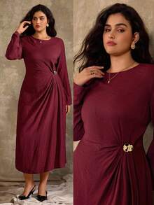 Roveilla Đầm maxi xẻ tà cổ tròn màu trơn thanh lịch tối giản cỡ lớn dành cho nữ, có chi tiết trang trí bằng kim loại, phù hợp mặc nơi công sở, thường ngày, đi nghỉ, tiệc tùng, xuân/hè - Màu Tím - Xem 11