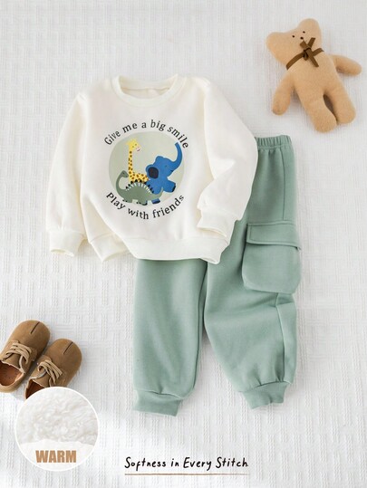 Cozy Pixies 2pcs/Set Young Boy Cartoon Dinosaur Pattern Knitted Soft Crew Neck Long Sleeve Pullover Top & Elastic Waist Pants,Thermal Lined Back-To-School Autumn