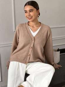 DAZY Women's Casual V-Neck Cardigan, Solid Color, Autumn Long Sleeve Tops - Khaki - View 6