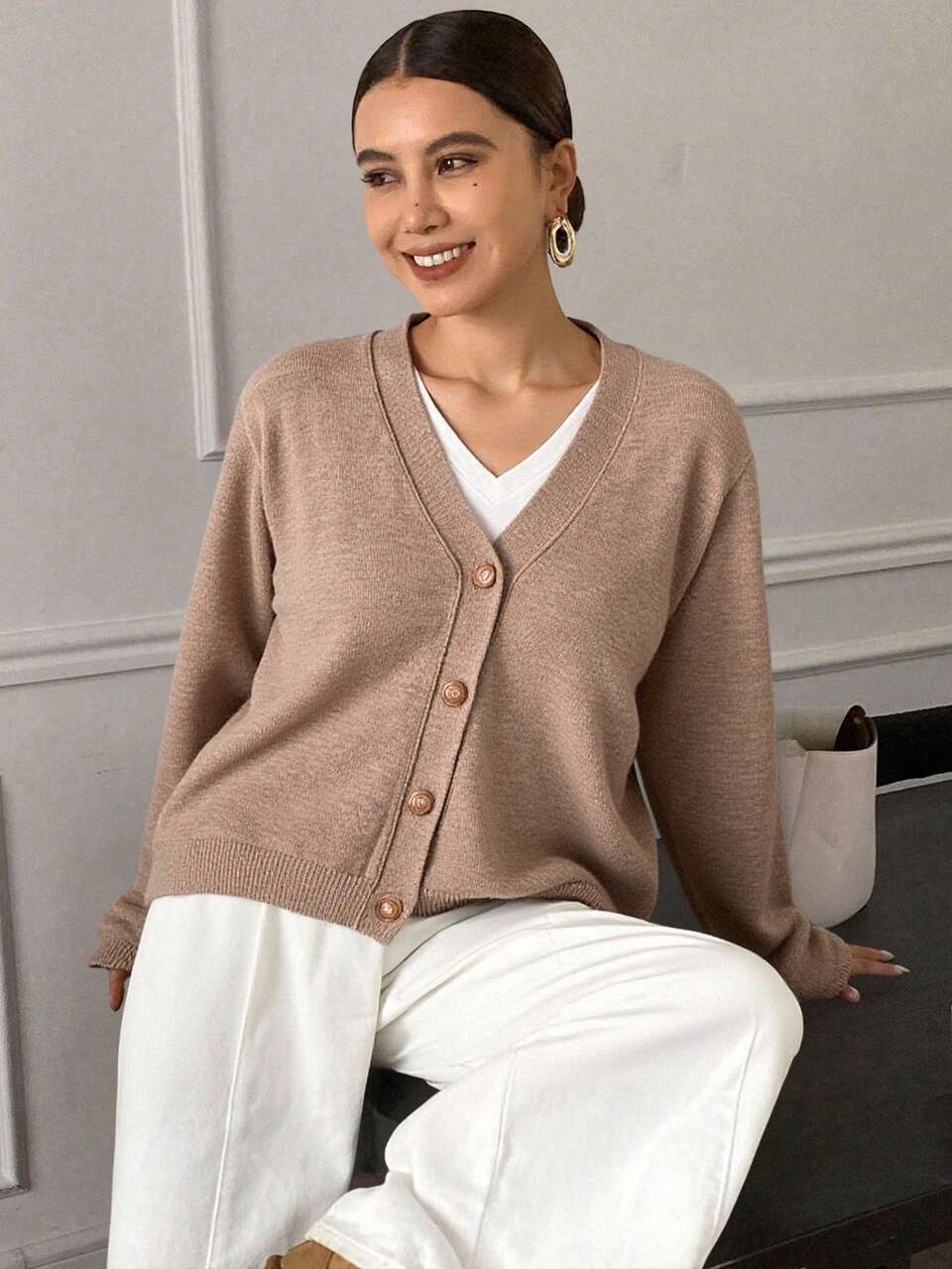 Women's Casual V-Neck Cardigan, Solid Color, Autumn