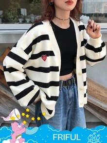 SHEIN X Care Bears FRIFUL 女式 V 领宽松条纹落肩宽松刺绣纽扣前开衫 - 黑與白 - 查看 6