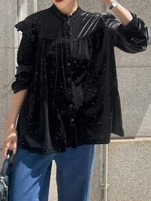 FRIFUL 女士荷叶边领天鹅绒水钻装饰休闲宽松衬衫，秋季可爱长袖亮片上衣 - 黑色 - 查看 6
