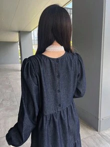 FRIFUL 女士休闲通勤长款牛仔连衣裙 - 藍色 - 查看 2