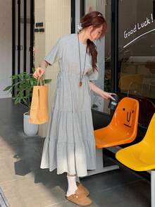 DAZY 女士休闲日常通勤简约纯色收腰层叠下摆连衣裙，夏季吊带裙 - 灰色 - 查看 6