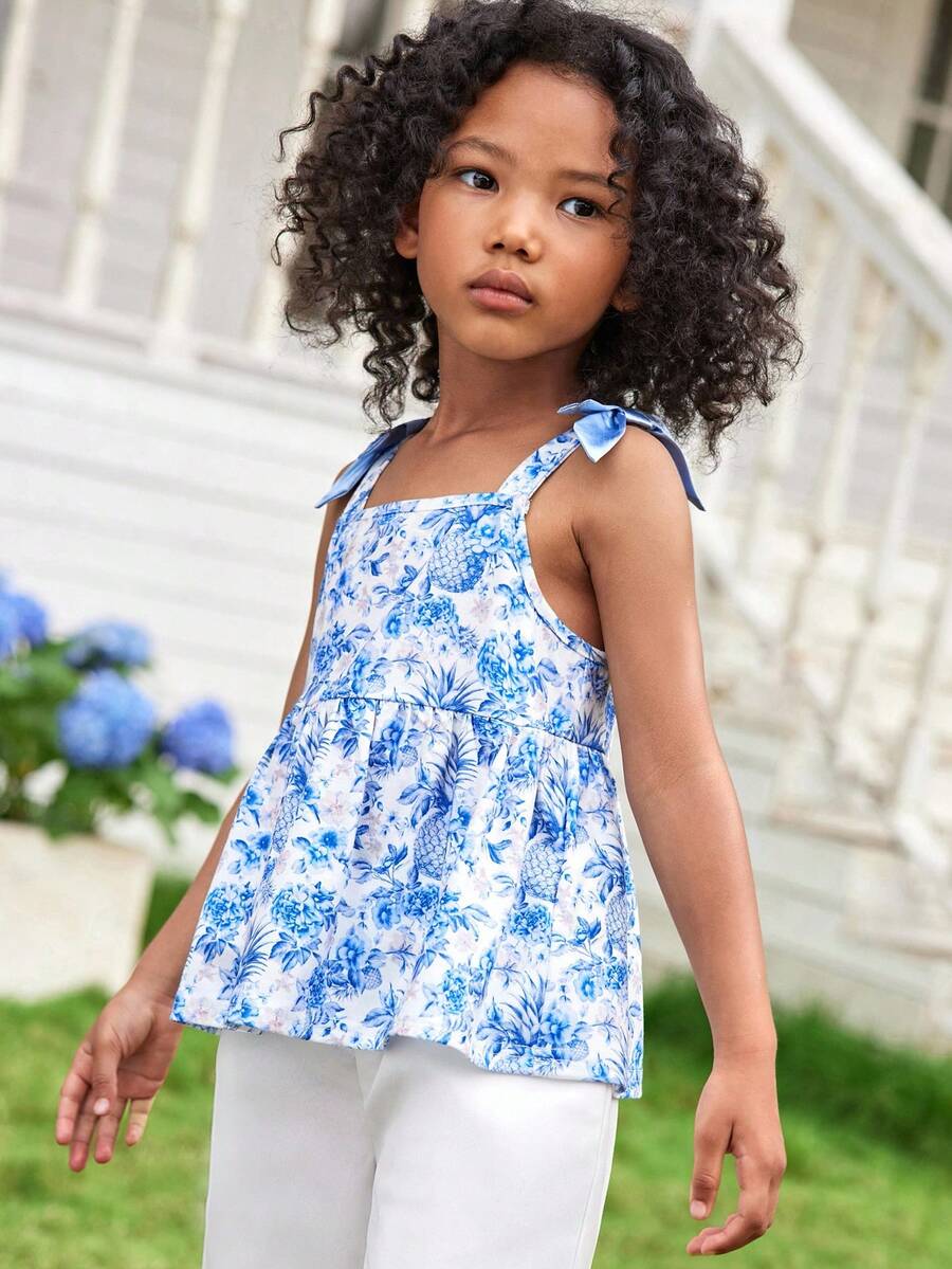 Joliand Joliand 1pc Young Girl Elegant Urban Cute Blue Pineapple Floral Pattern Camisole, Suitable For Party, Travel, Daily, Party, Summer Summer Clothing For Girls Kids Summer Clothes Young Girls Dresses Kids Girls Summer Floral Theme Clothing Summer Clothes For Kids Young Girls Summer Girl Clothes ColorfulJoy