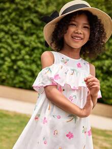 Joliand Joliand 1 pièce Robe élégante, urbaine et mignonne avec volant pour jeune fille, imprimé de palmiers et de fleurs, convient pour les réunions, les sorties, la plage, les fêtes, l'été - Multicolore - Voir 6