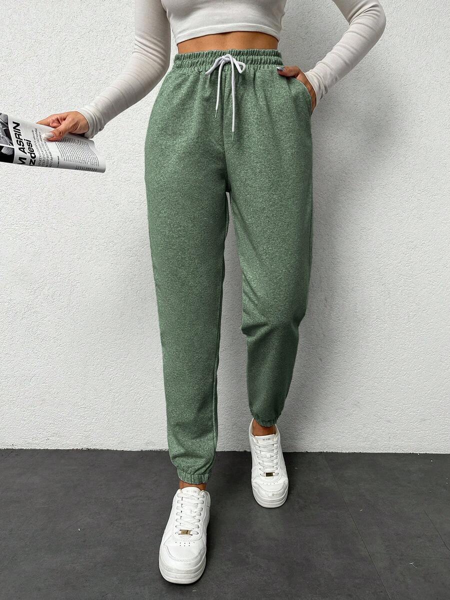 EURMUSE Women's Solid Color Drawstring Waist Pockets Jogger Pants - Mint Green - View 1
