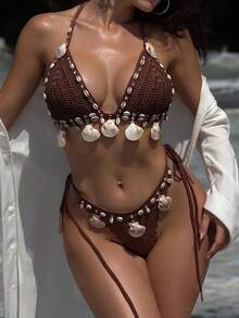 Bonvoyette 2pcs/Set Summer New Solid Color Handmade Crochet Shell Decor Backless Beach Cover Up Set