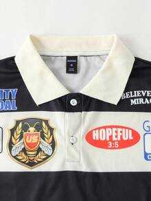 ROMWE MEN Prep 男士长袖半开襟休闲百搭条纹 Polo 衫，秋季 - 黑色 - 查看 3