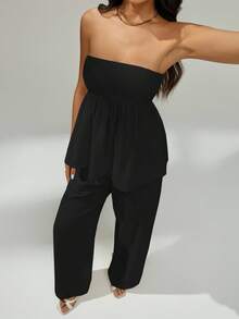 SHEIN PETITE 女士时尚纯色抹胸上衣和裤子两件套 - 黑色 - 查看 4