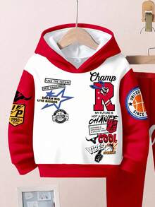 SHEIN 男童 Champion 街头风运动套装 - 红色印花连帽衫和运动裤，2025 年新款运动服，酷炫都市风男童装，宽松休闲简约舒适长袖连帽衫两件套，适合秋冬季穿着。红色两件套男童运动服，儿童街头时尚男童服装，红色童装秋季套装 - 彩色 - 查看 5