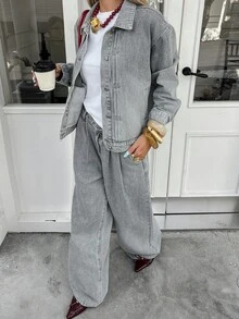 Livesso Women's Casual Collared Pleated Blouse And Gray Denim Pants Set, Autumn