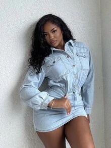 Alexandranx Đầm denim giản dị tay dài có túi đơn hàng khuy cho nữ - Màu xanh lam - Xem 4