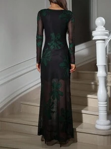 Aveloria Modichic 笔触花卉印花透明收腰女士连衣裙，女士优雅连衣裙 - 彩色 - 查看 3