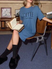 Slogan Graphic Drop Shoulder Pajama Nightdress - Teal Blue - View 1