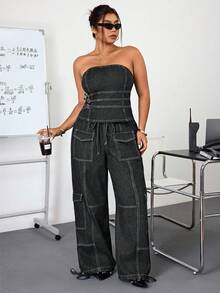 SHEIN Unity 大码女式街头风格松紧腰牛仔上衣 - 灰色 - 查看 1