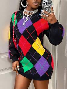 BamGleam 菱格短款针织毛衣裙，冬季新品 - 黑色 - 查看 7