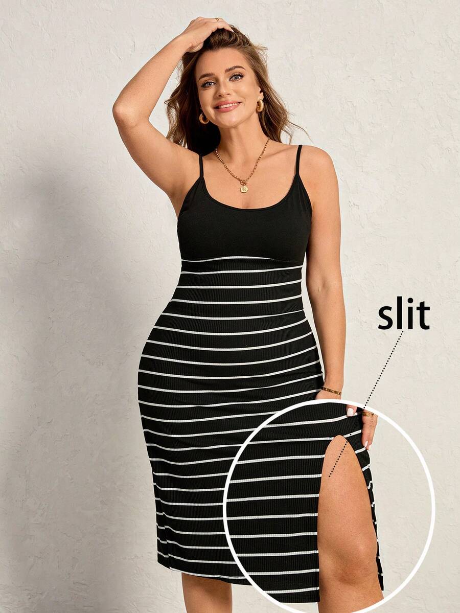 Comfylo Sommer Kleid für Damen in Große Größen mit Träger, gestreift, Schlitz-Saum, figurbetontes Kleid, Urlaubsoutfit, Sommeroutfit für Frauen, Valentinstag Kleid, Lässig Kleid, kurze Kleider mit Schlitz-Saum