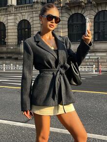 DAZY 女士休闲纯色系带西装外套，秋季商务装 - 灰色 - 查看 5