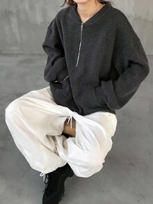 FRIFUL 女式宽松半拉链华夫格针织纯色金属拉链装饰T恤长袖上衣 - 灰色 - 查看 5