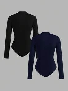 SHEIN EZwear 2pcs Women Black & Navy Blue Zip-Up High Neck Tight Fit Bodysuit Set, Casual Long Sleeve, Suitable For Autumn/Winter,Fall,Black Bodysuit - Multicolor - View 2