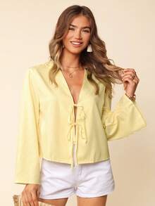 Coeurva Women's Butter Yellow Striped Print Blouses For Summer Vacation,Brunch Outfits For Women,Casual Loose Tie Front Long Sleeve Blouse Shirt For Women,For Summer Vacation, Women Summer Clothing Fall Clothes - Yellow - View 3