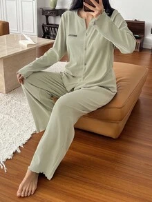 DAZY 简约字母拼接宽松针织女式家居服套装，秋冬装，舒适休闲装 - 綠色 - 查看 4