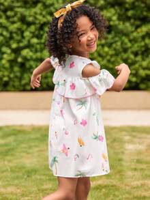 Joliand Joliand 1 pièce Robe élégante, urbaine et mignonne avec volant pour jeune fille, imprimé de palmiers et de fleurs, convient pour les réunions, les sorties, la plage, les fêtes, l'été - Multicolore - Voir 5