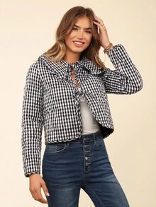 Coeurva 女士度假编织格子领系腰带前长袖宽松棉服外套、冬季女装、女士夹克、保暖、冬季女外套