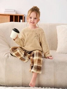 SHEIN 2件套少女针织纯色圆领刺绣毛衣和裤子家居服套装