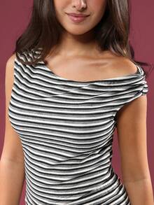 SUMWON Striped Romper Two Piece Co-Ord Set Ruched Draped Neckline Tank Top Fitted Shorts Summer Casual Sleeveless Outfit Teen Fashion - Apricot - View 6